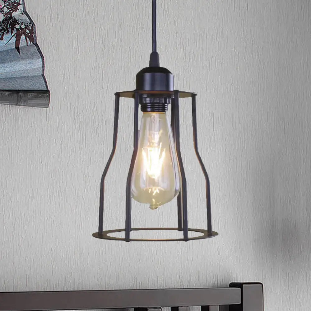 Industrial Style Hanging Ceiling Light With Metal Black Finish Cylinder Shade And Cage