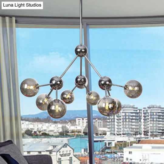 Industrial Style Hanging Chandelier Light With Amber/Clear/Smoke Gray Glass In 3/9/12 Lights -