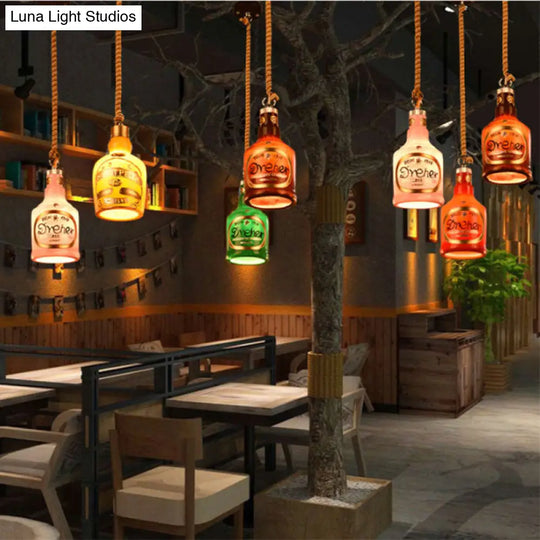 Industrial Style Hanging Lamp Kit For Restaurants - Resin Red/Yellow Drop Pendant Wine Bottle