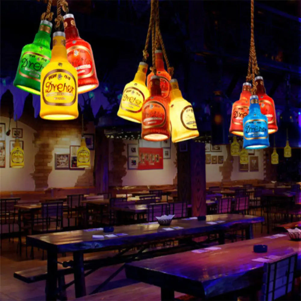 Industrial Style Hanging Lamp Kit For Restaurants - Resin Red/Yellow Drop Pendant Wine Bottle