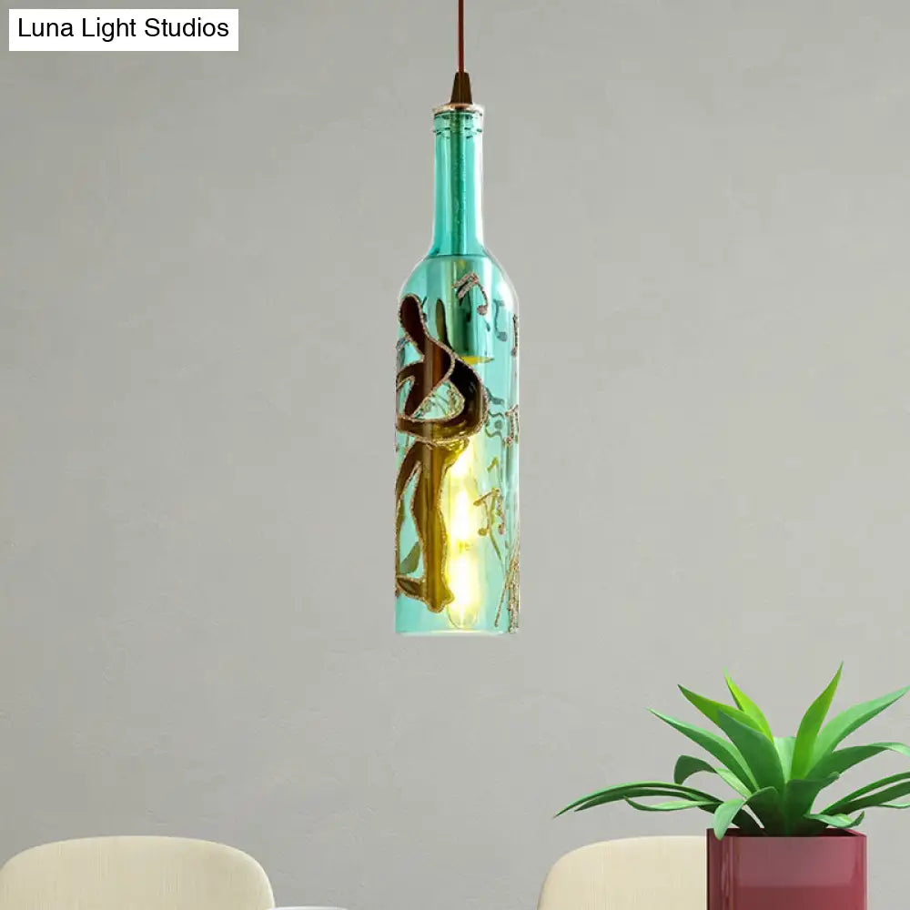 Industrial Style Hanging Lamp - Red/Yellow Glass Suspended Light With Pattern Perfect For