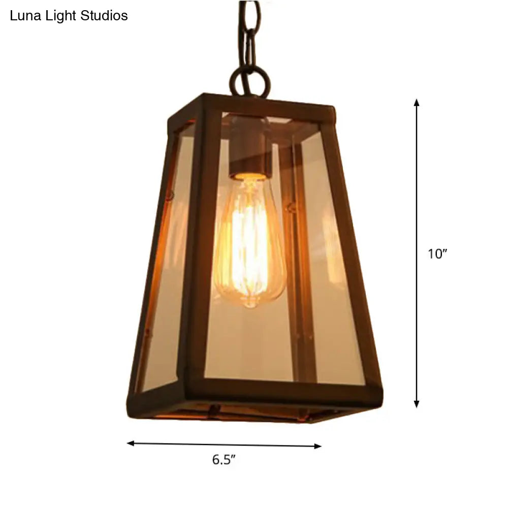 Industrial Style Hanging Lamp With Trapezoidal Clear Glass Shade In Black For Living Rooms