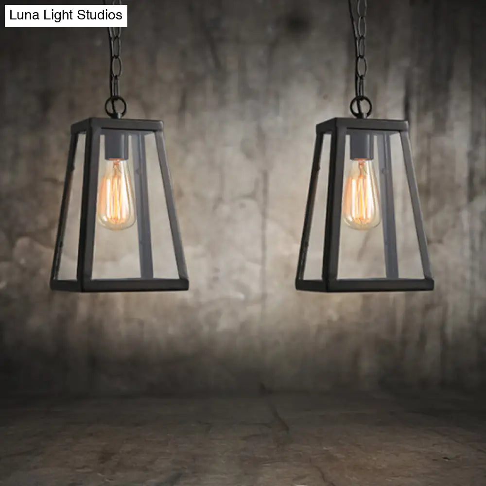 Industrial Style Hanging Lamp With Trapezoidal Clear Glass Shade In Black For Living Rooms