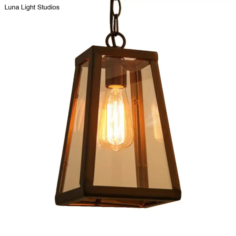Industrial Style Hanging Lamp With Trapezoidal Clear Glass Shade In Black For Living Rooms