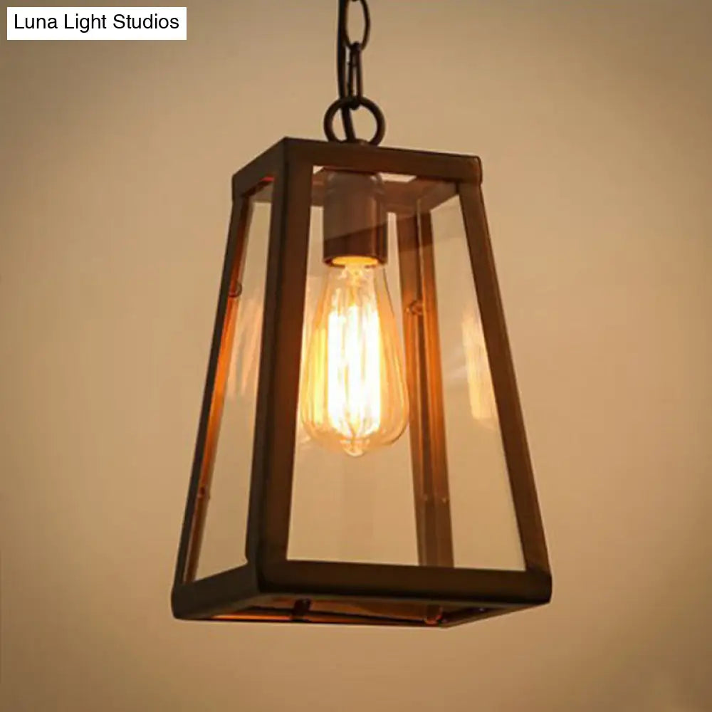 Industrial Style Hanging Lamp With Trapezoidal Clear Glass Shade In Black For Living Rooms