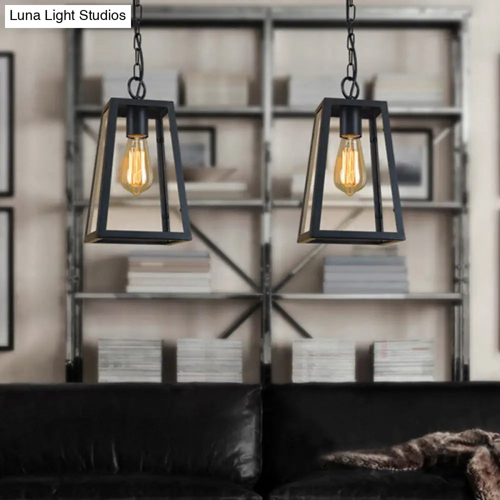 Industrial Style Hanging Lamp With Trapezoidal Clear Glass Shade In Black For Living Rooms