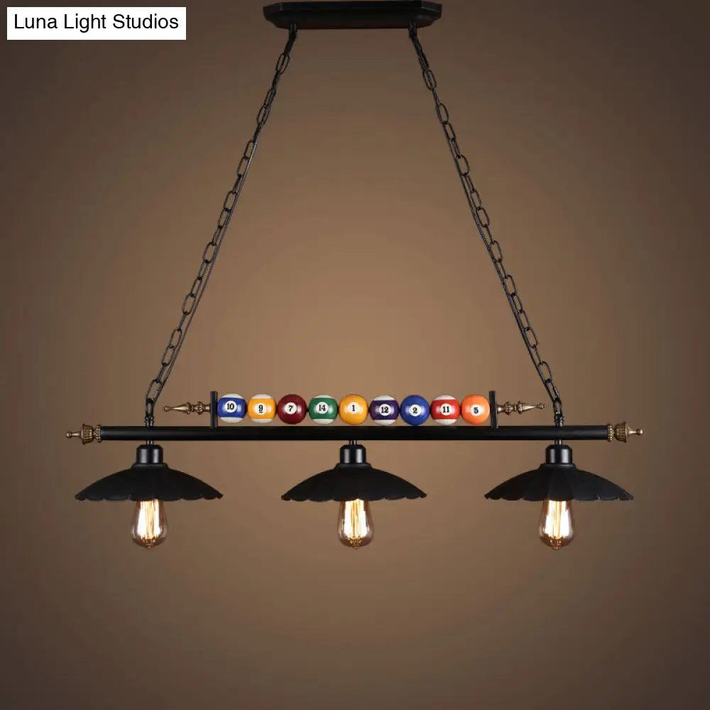 Industrial Style Hanging Light With Metal Black Finish And Billiard Ball Deco