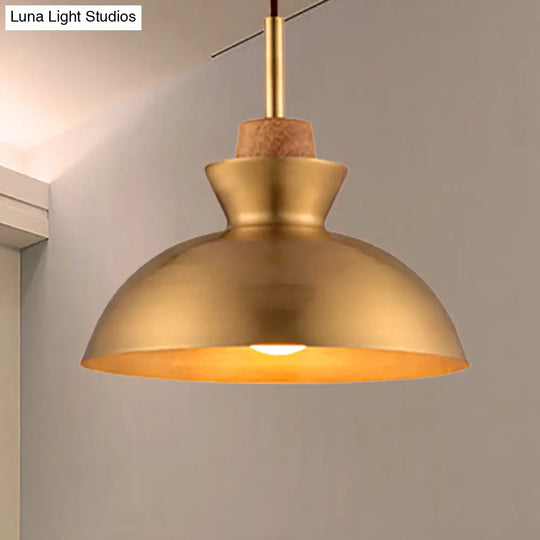 Industrial Style Hanging Light With Metallic Brass Finish - Cone/Dome Shade Ceiling Fixture For