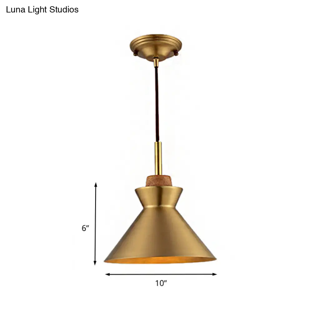 Industrial Style Hanging Light With Metallic Brass Finish - Cone/Dome Shade Ceiling Fixture For