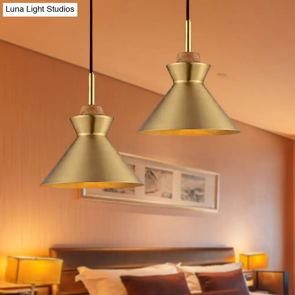 Industrial Style Hanging Light With Metallic Brass Finish - Cone/Dome Shade Ceiling Fixture For