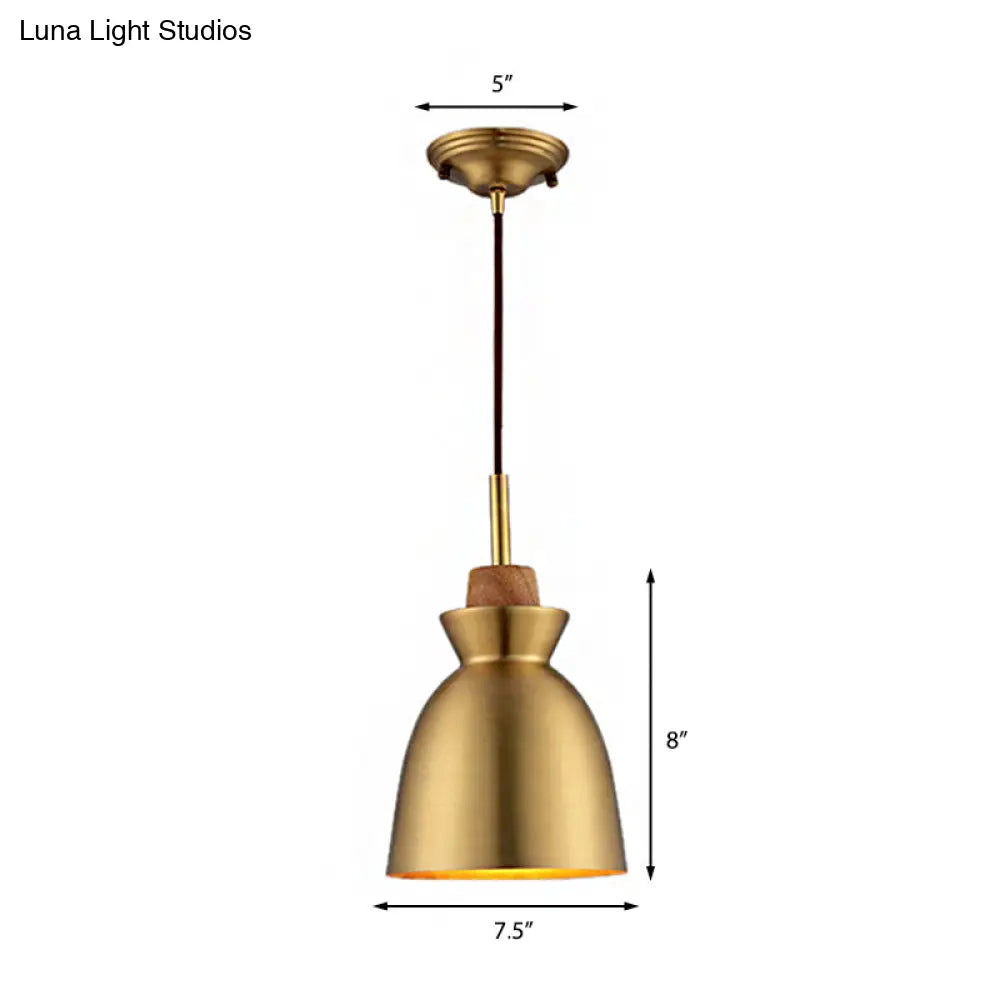 Industrial Style Hanging Light With Metallic Brass Finish - Cone/Dome Shade Ceiling Fixture For