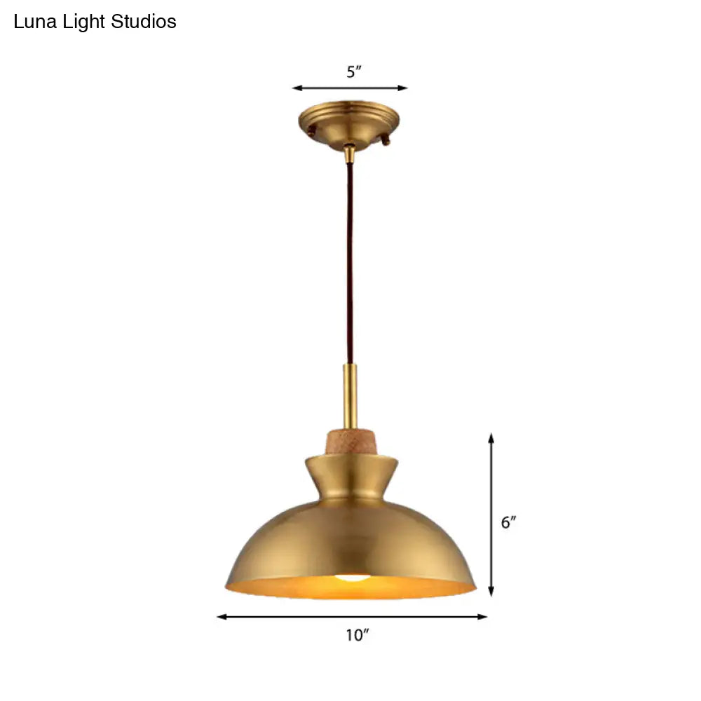 Industrial Style Hanging Light With Metallic Brass Finish - Cone/Dome Shade Ceiling Fixture For