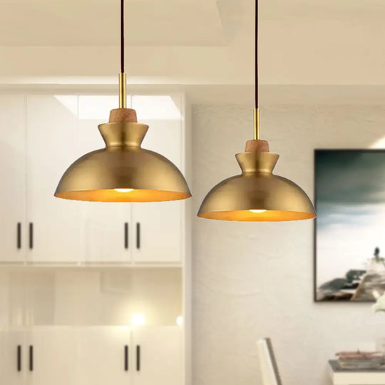 Industrial Style Hanging Light With Metallic Brass Finish - Cone/Dome Shade Ceiling Fixture For