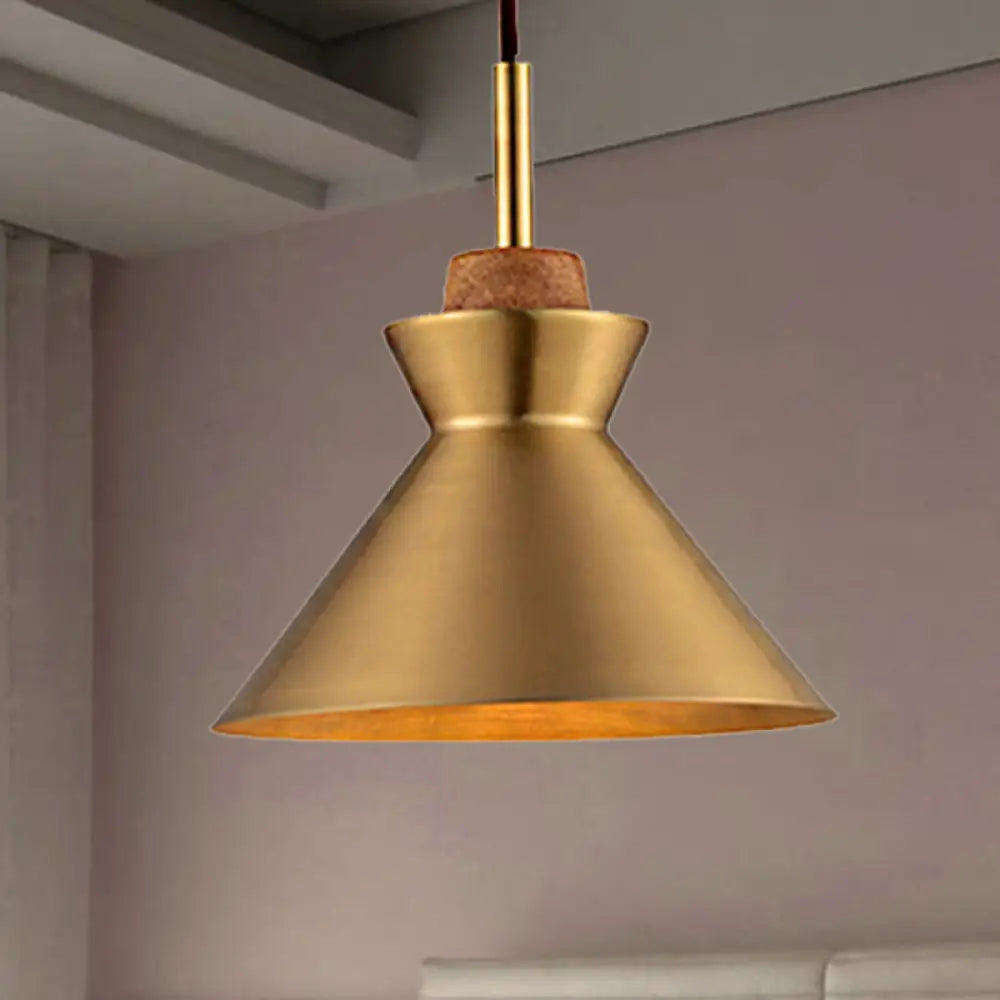 Industrial Style Hanging Light With Metallic Brass Finish - Cone/Dome Shade Ceiling Fixture For