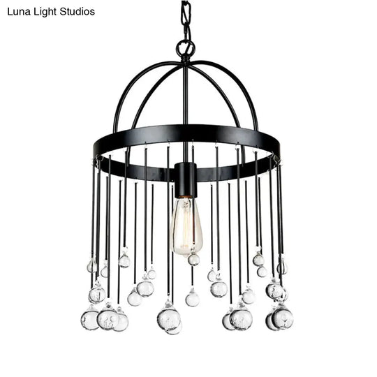 Industrial Style 1-Light Ring Pendant Light With Crystal Ball Deco - Black Suspension Lamp