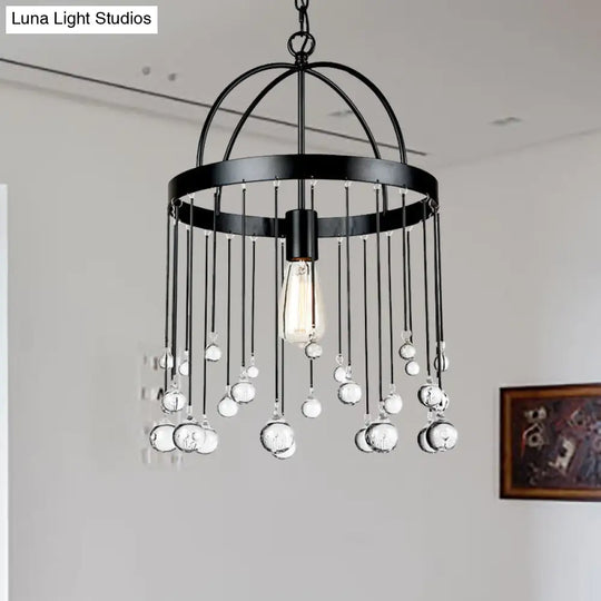 Industrial Style 1-Light Ring Pendant Light With Crystal Ball Deco - Black Suspension Lamp