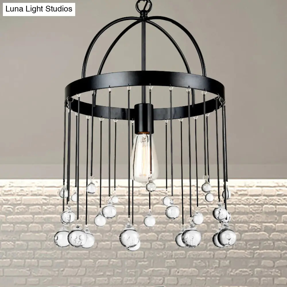 Industrial Style 1-Light Ring Pendant Light With Crystal Ball Deco - Black Suspension Lamp