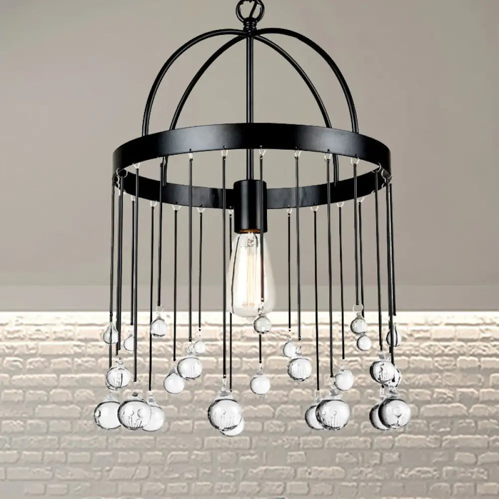 Industrial Style Hanging Pendant Light With Crystal Ball Deco - 1-Light Ring Suspension Lamp In
