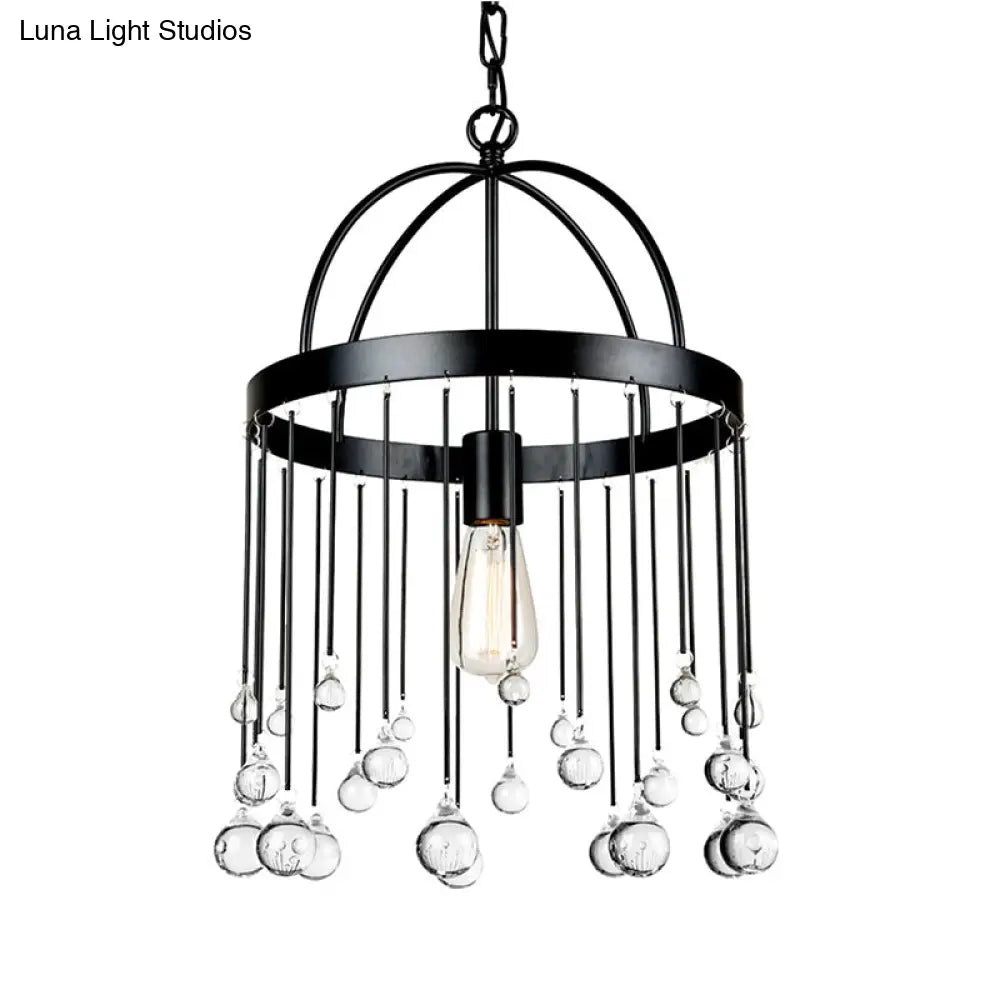 Industrial Style Hanging Pendant Light With Crystal Ball Deco - 1-Light Ring Suspension Lamp In