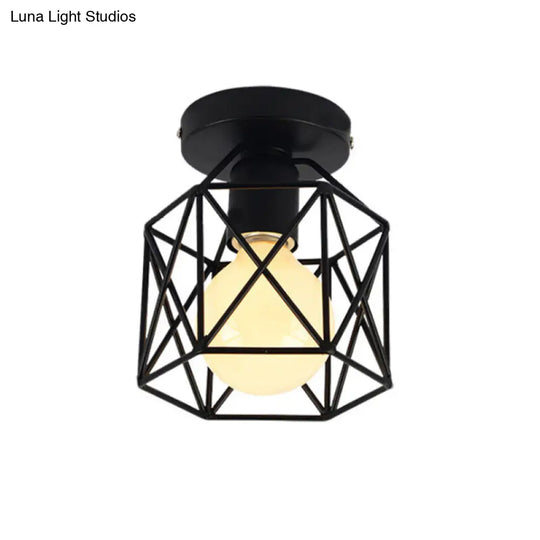 Industrial Style Hexagonal Cage Flush Mount Light In Sleek Black Metal