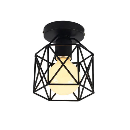 Industrial Style Hexagonal Cage Flush Mount Light In Sleek Black Metal