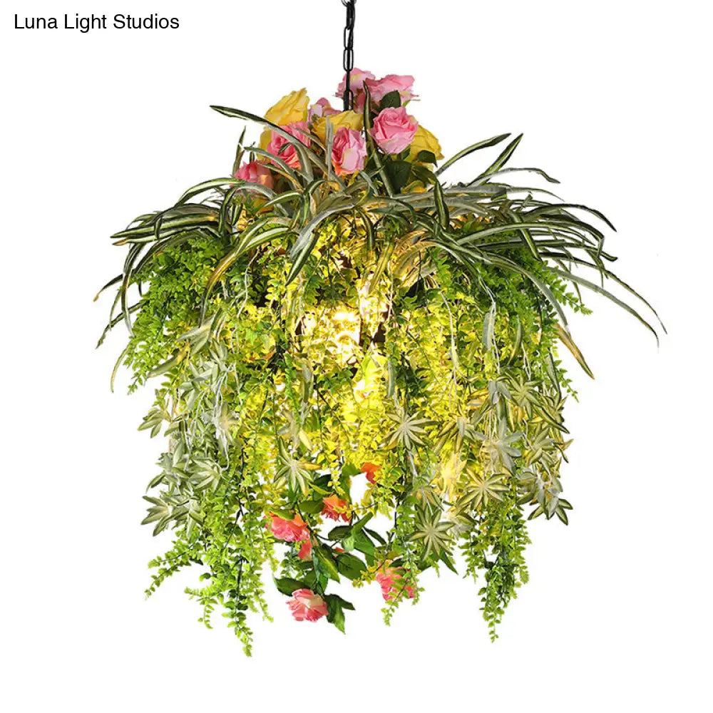 Industrial Style Iron 1-Head Suspended Lighting Fixture With Green Plant Drop Pendant - Perfect For