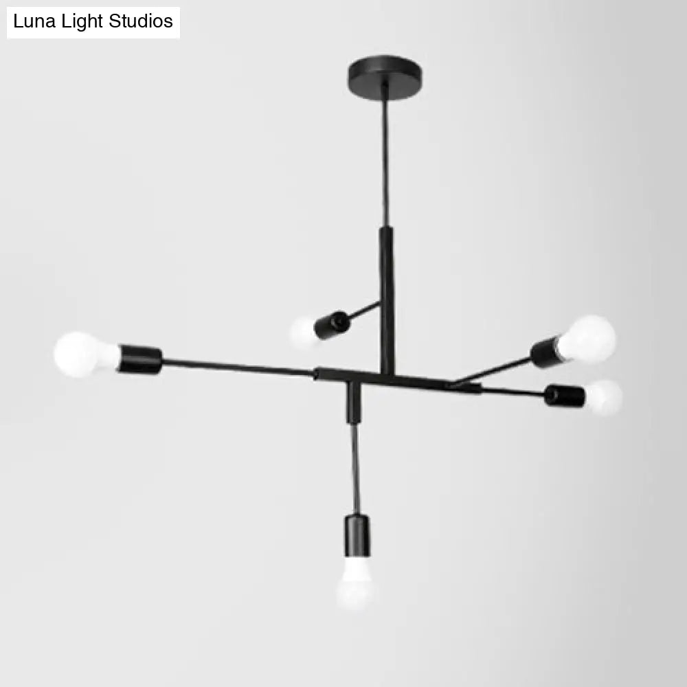 Industrial Style Iron 5-Light Hanging Chandelier With Exposed Bulbs - Black Finish For Living Room