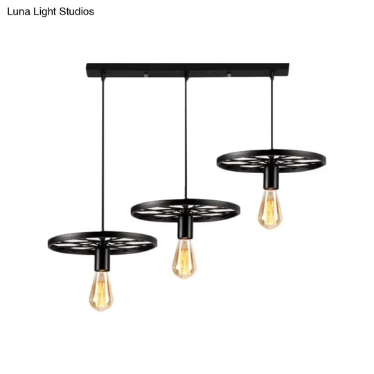 Industrial Style Iron Hanging Pendant Light With Wheel - 3 Lights Black Bare Bulb Perfect For