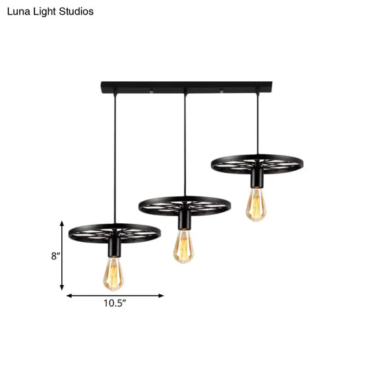 Iron Pendant Light With 3 Bare Bulbs And Industrial Style Wheel For Restaurants