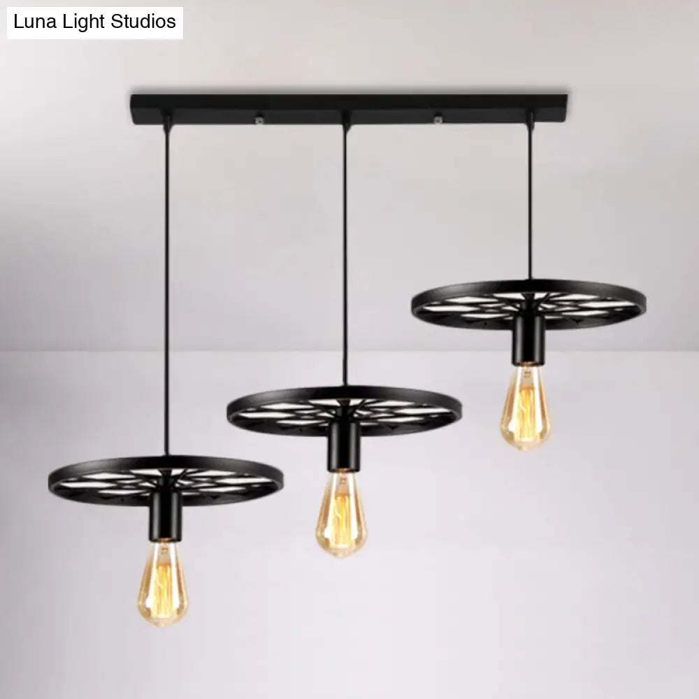 Industrial Style Iron Hanging Pendant Light With Wheel - 3 Lights Black Bare Bulb Perfect For