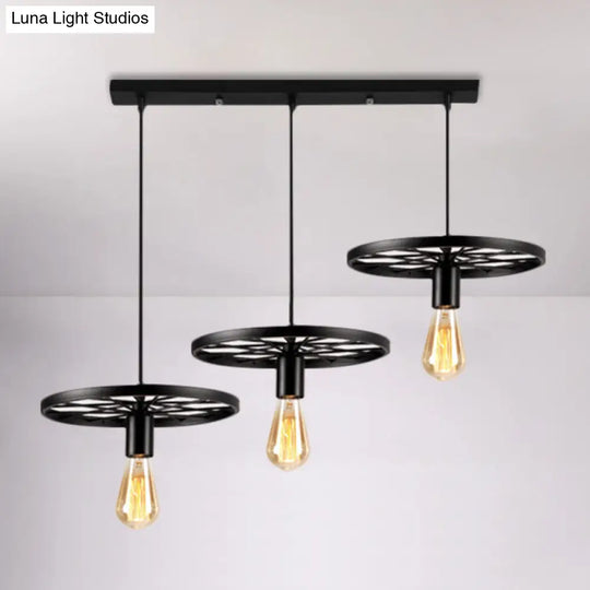 Industrial Style Iron Hanging Pendant Light With Wheel - 3 Lights Black Bare Bulb Perfect For