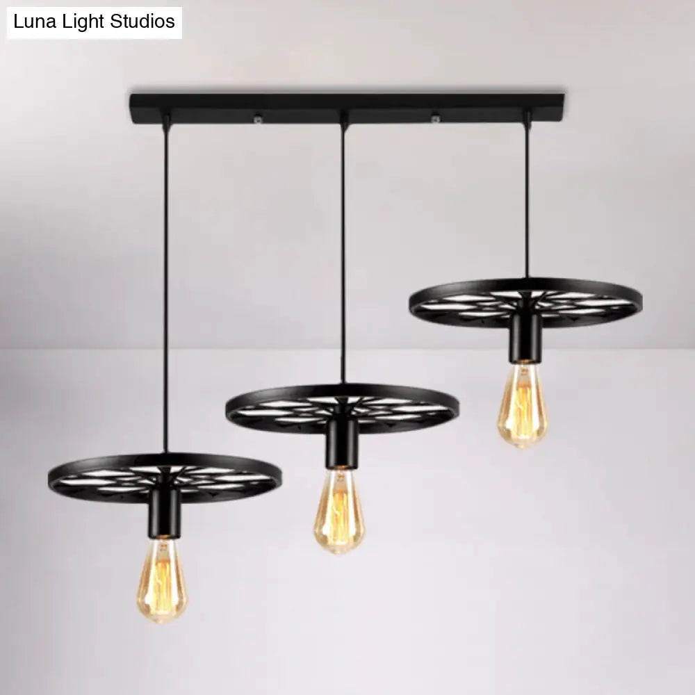 Iron Pendant Light With 3 Bare Bulbs And Industrial Style Wheel For Restaurants