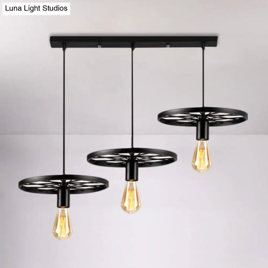 Iron Pendant Light With 3 Bare Bulbs And Industrial Style Wheel For Restaurants