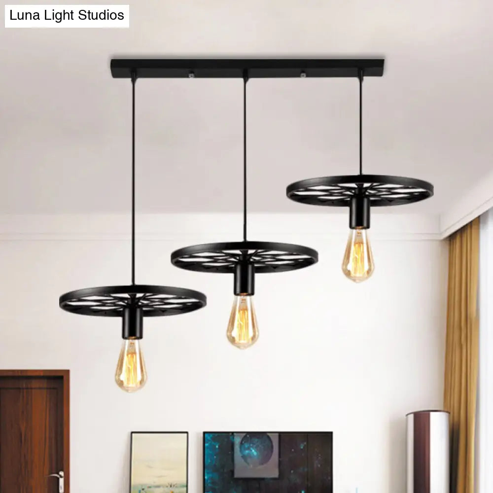 Iron Pendant Light With 3 Bare Bulbs And Industrial Style Wheel For Restaurants Black