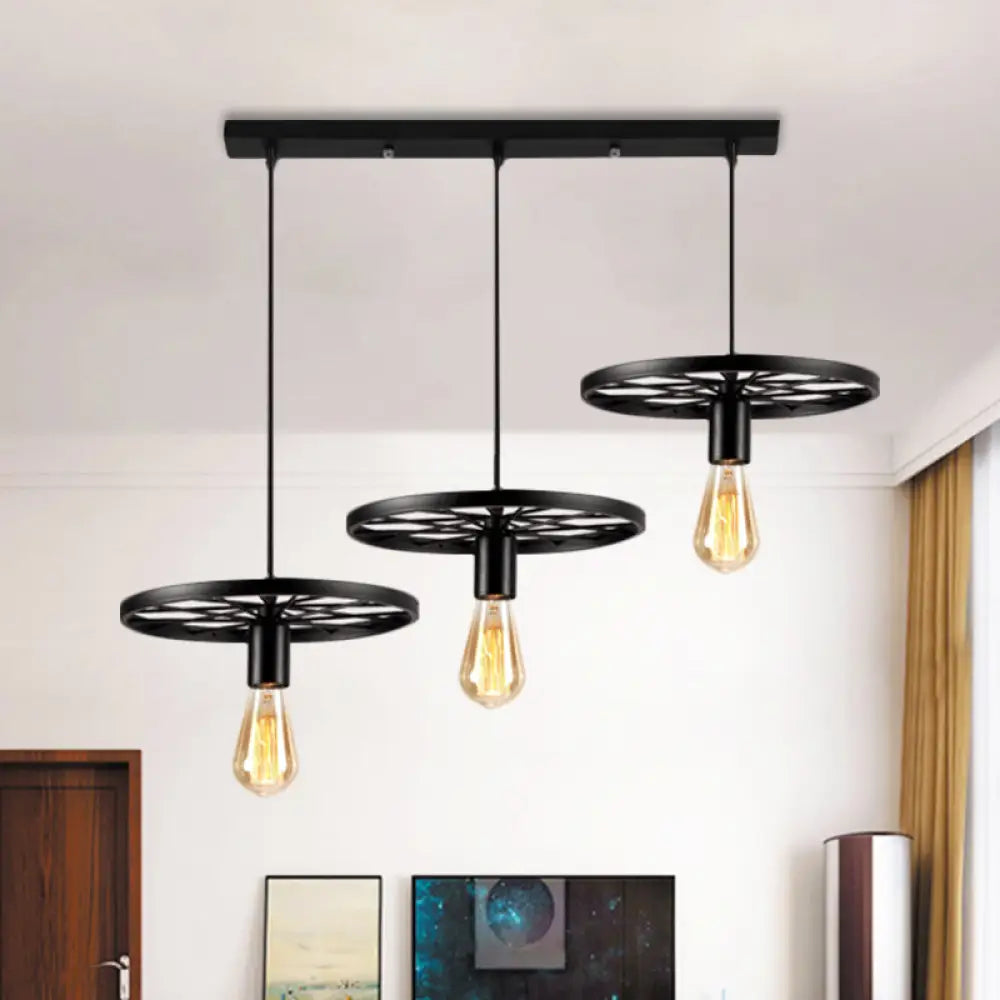 Industrial Style Iron Hanging Pendant Light With Wheel - 3 Lights Black Bare Bulb Perfect For