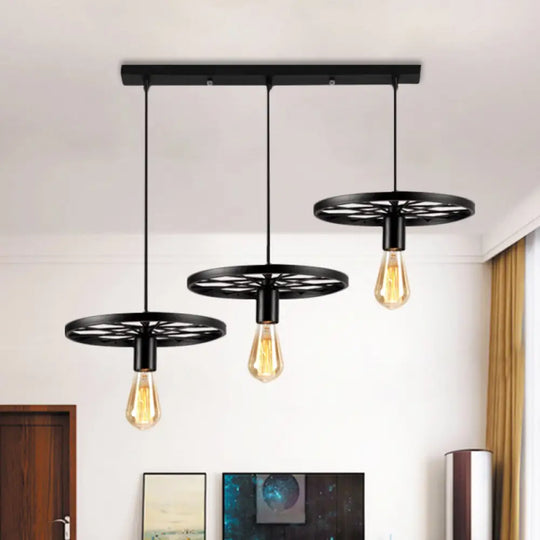 Industrial Style Iron Hanging Pendant Light With Wheel - 3 Lights Black Bare Bulb Perfect For