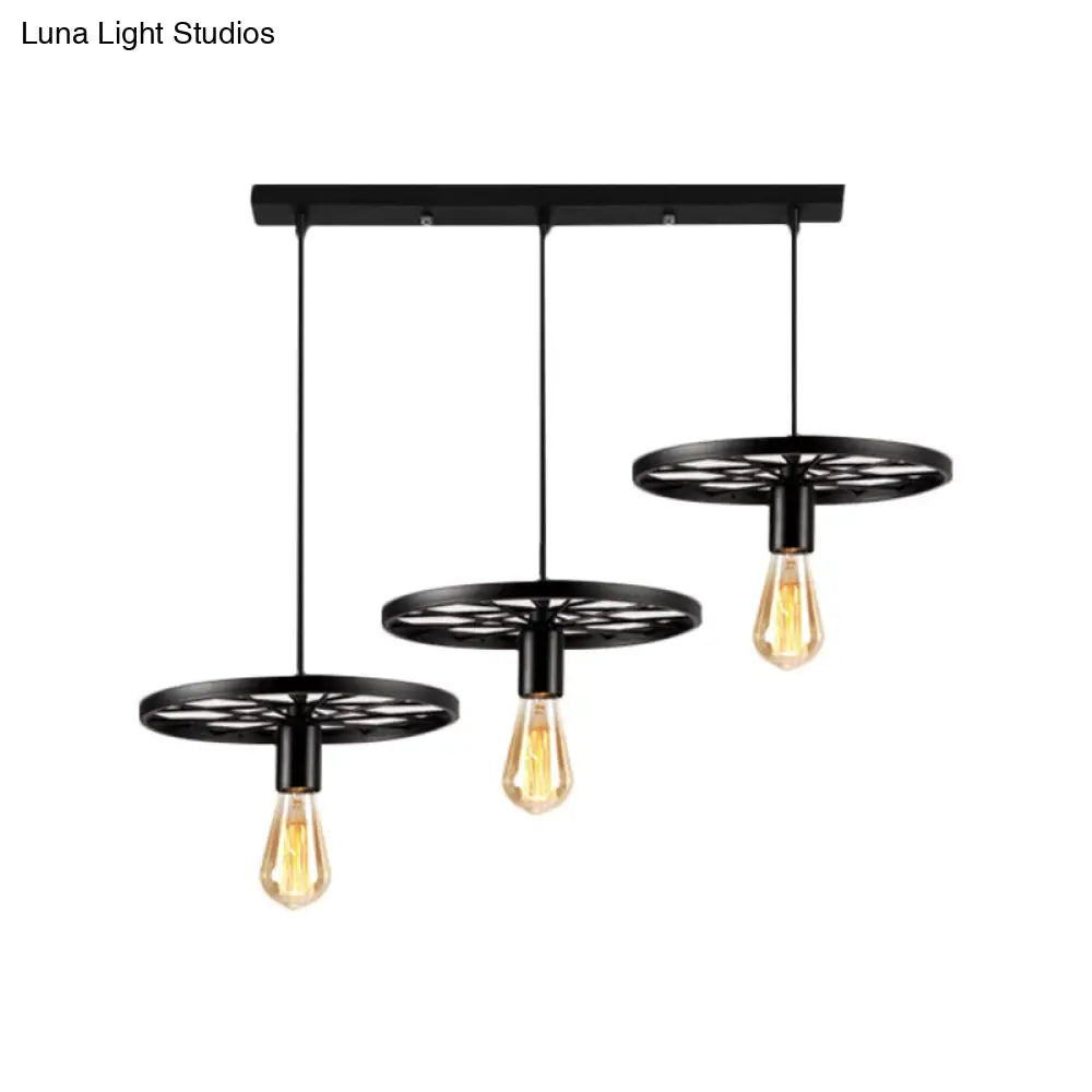 Iron Pendant Light With 3 Bare Bulbs And Industrial Style Wheel For Restaurants