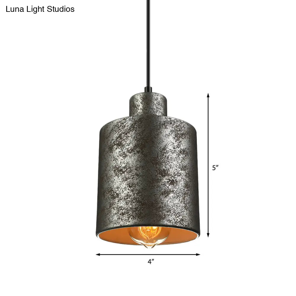 Iron Pendant Lighting With 4 Aged Black Shades - Industrial Style Indoor Hanging Light