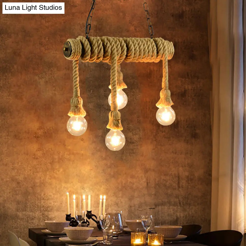 Industrial Style Island Lamp With Rope And 4 Lights - Open Bulb Hanging Light For Dining Room In