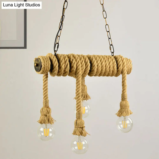 Industrial Style Island Lamp With Rope And 4 Lights - Open Bulb Hanging Light For Dining Room In