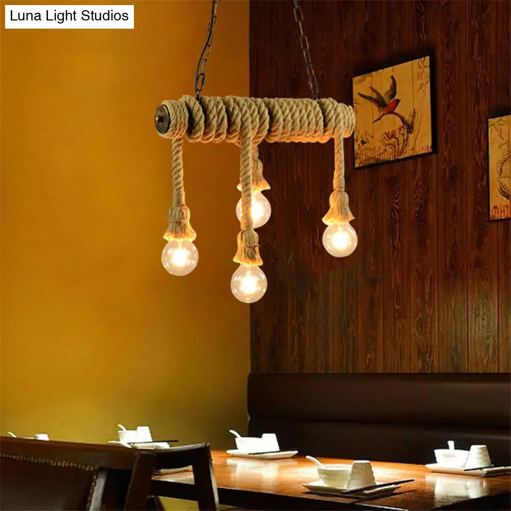 Industrial Style Island Lamp With Rope And 4 Lights - Open Bulb Hanging Light For Dining Room In