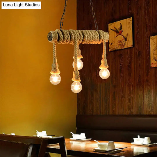 Industrial Style Island Lamp With Rope And 4 Lights - Open Bulb Hanging Light For Dining Room In