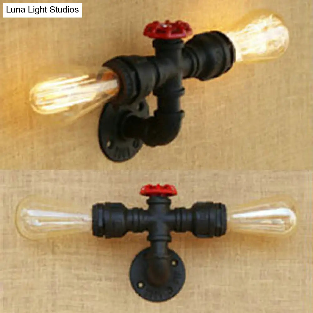 Industrial Style Matte Black Water Pipe Wall Light With 2 Bulbs - Bedroom Lighting