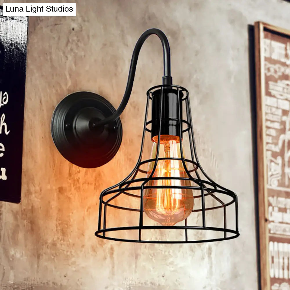 Industrial Style Metal Barn Wall Light Sconce - Black 1 Bulb Mounted Lamp With Wire Frame And