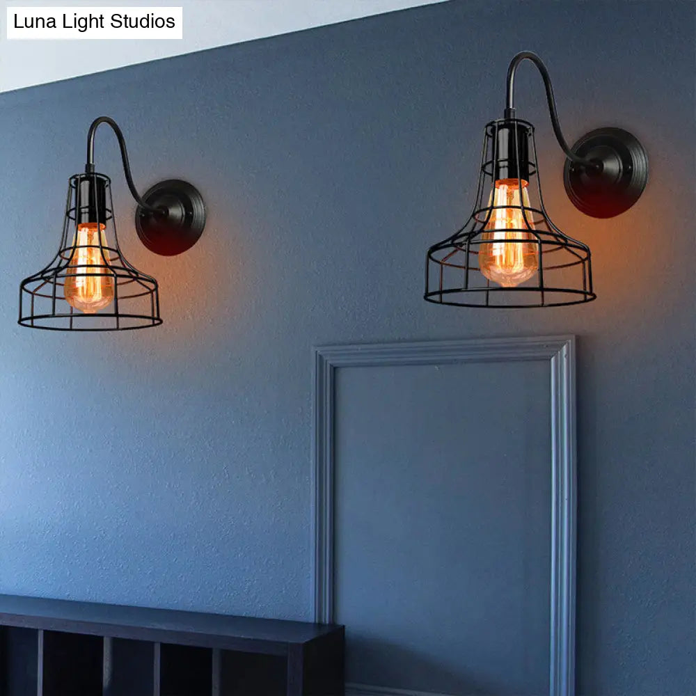 Industrial Style Metal Barn Wall Light Sconce - Black 1 Bulb Mounted Lamp With Wire Frame And