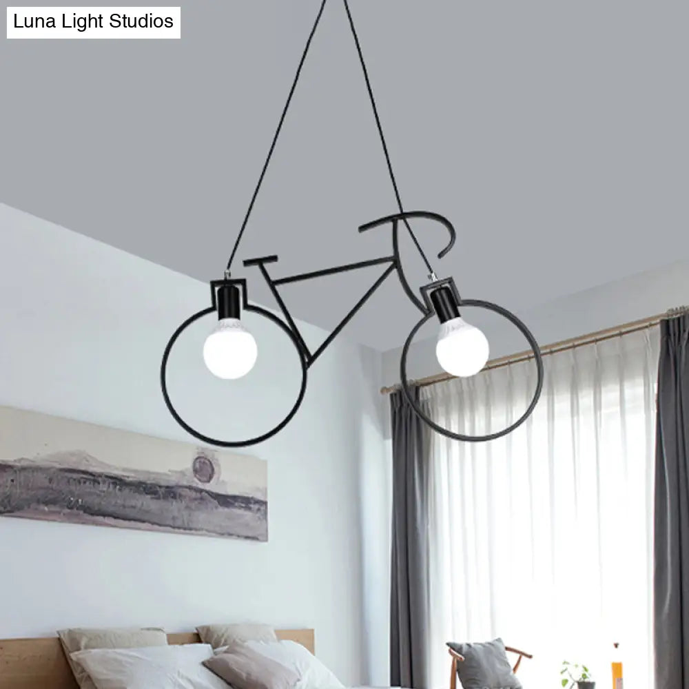 Industrial Style Metal Bicycle Pendant Light Fixture - 2 Bulbs Black/White Indoor Hanging Lamp With