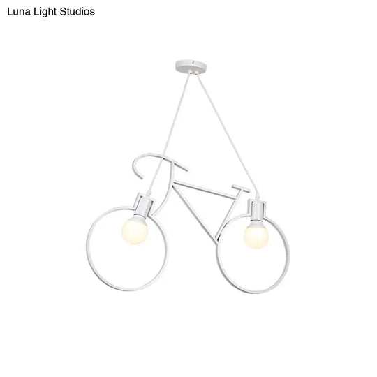 Industrial Style Metal Bicycle Pendant Light Fixture - 2 Bulbs Black/White Indoor Hanging Lamp With