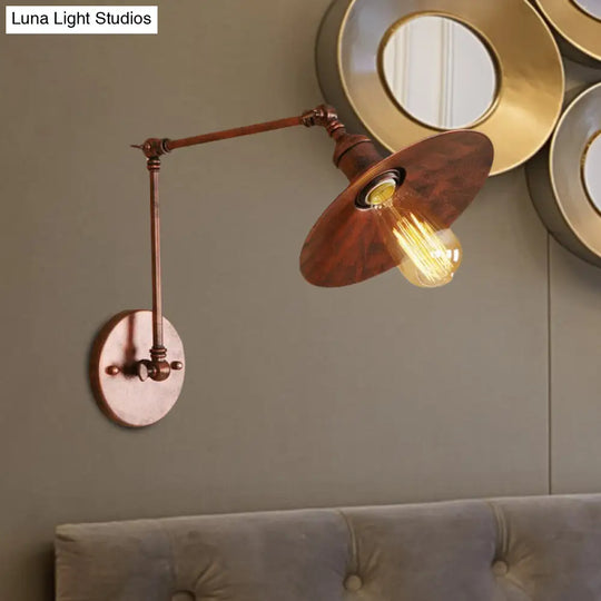 Industrial Style Metal Black/Rust Wall Mount Light With Swing Arm And Flat Shade - 1 Bulb Lamp