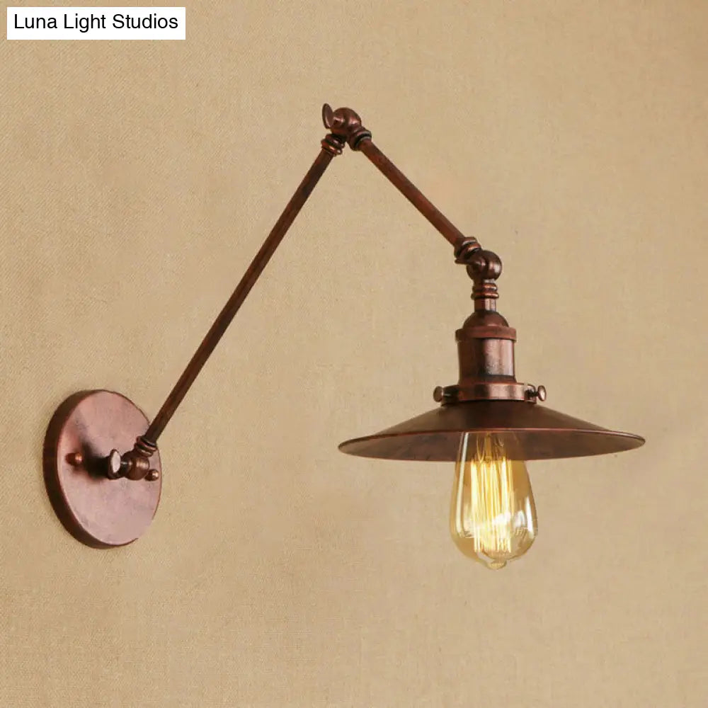 Industrial Style Metal Black/Rust Wall Mount Light With Swing Arm And Flat Shade - 1 Bulb Lamp