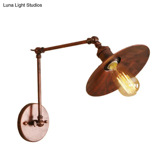 Industrial Style Metal Black/Rust Wall Mount Light With Swing Arm And Flat Shade - 1 Bulb Lamp